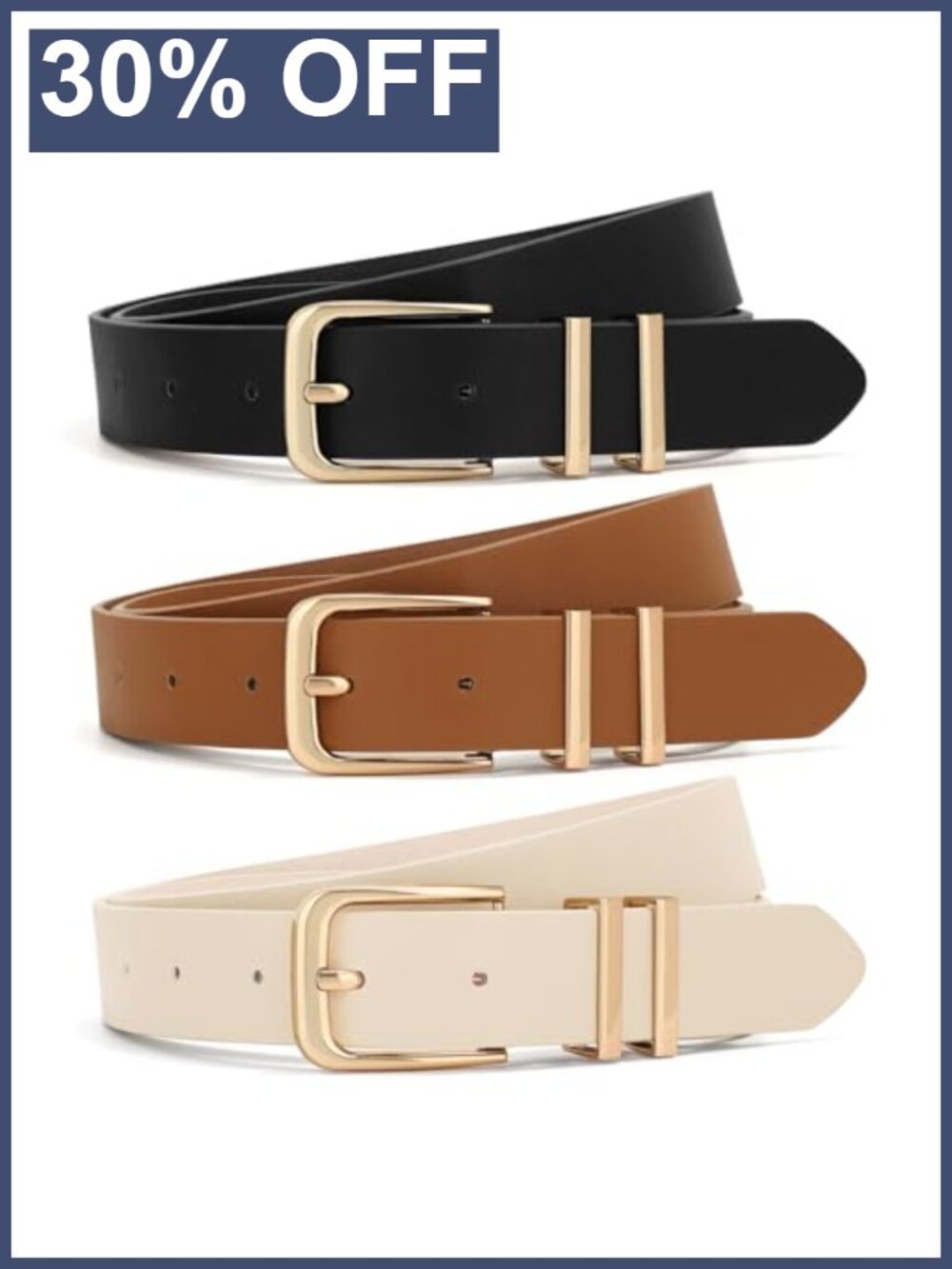 3 Pack Women Leather Belts with Gold Buckle for Jeans Dresses Pants